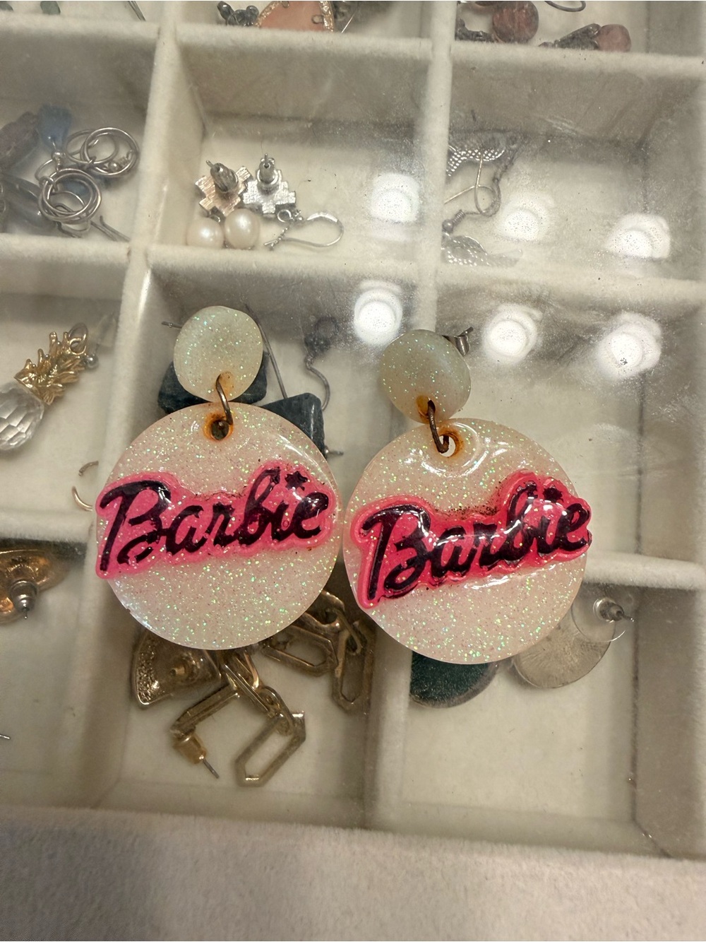 Barbie Glitter White & Bright Pink Logo Drop Earrings - Women Accessories